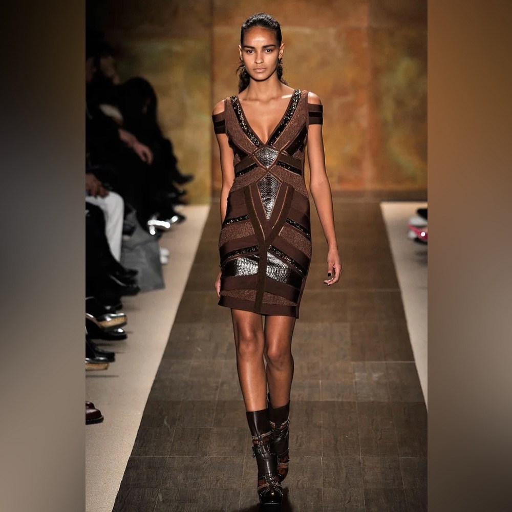 Hervé Leger Leather Trimmed Embellished Dress 👗 XXS ❤️